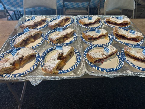 Pastries set out on blue-and-white plates